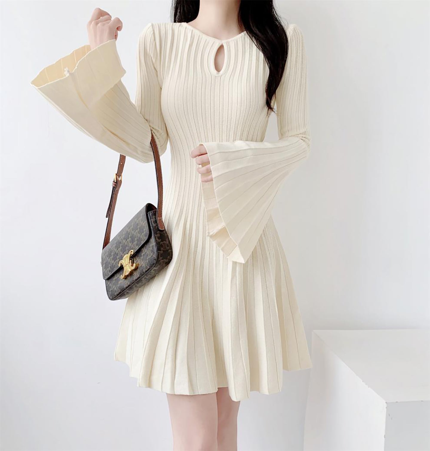 Accordion Pleats Fit & Flare Solid Dress