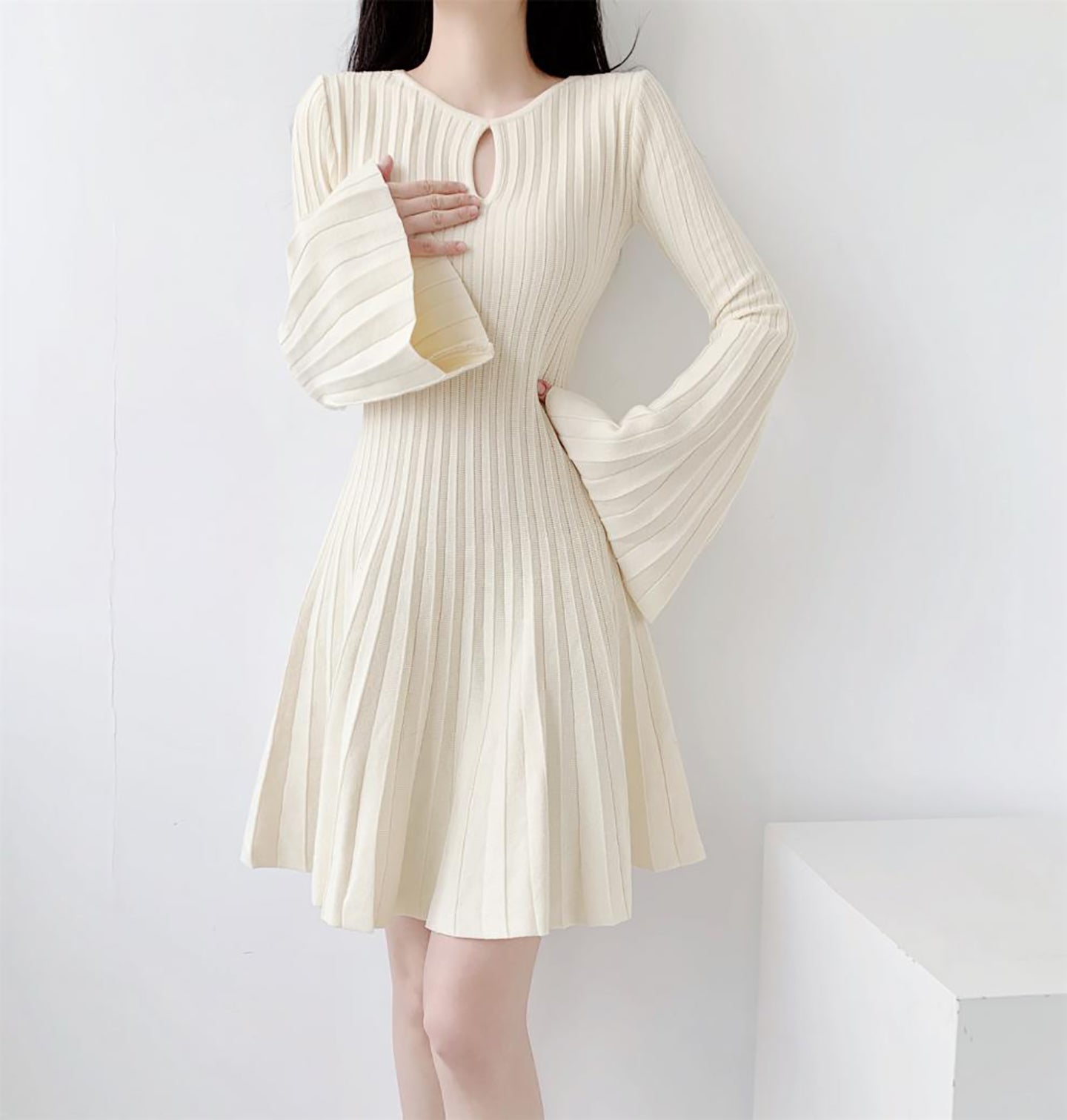 Accordion Pleats Fit & Flare Solid Dress