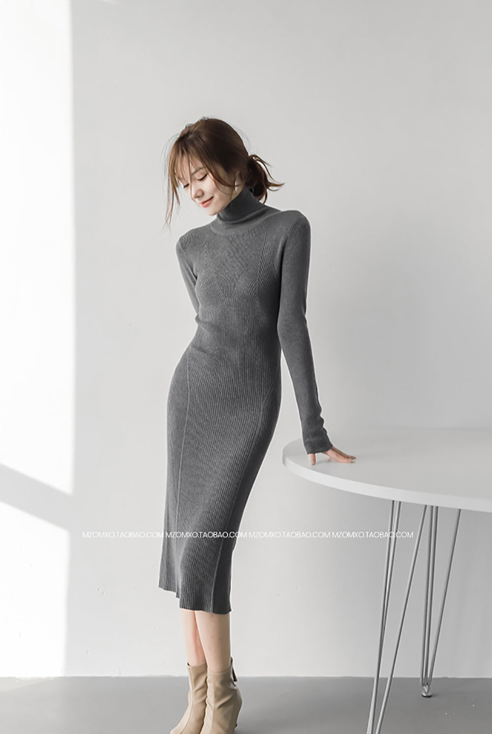 Women High Neck Sheath Midi Dress