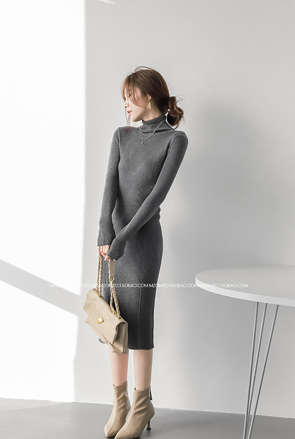 Women High Neck Sheath Midi Dress