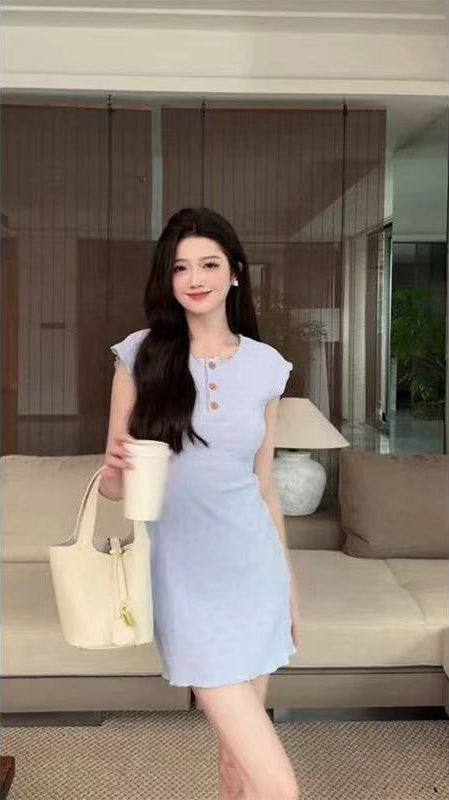 Women Round Neck Cap Sleeves Sheath Mini Dress