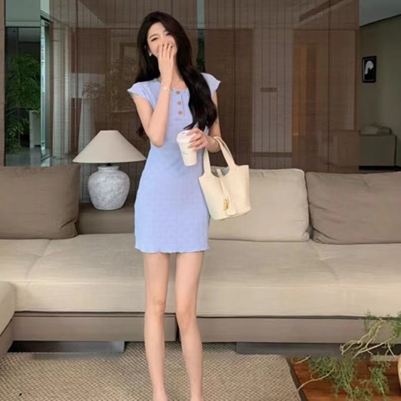 Women Round Neck Cap Sleeves Sheath Mini Dress