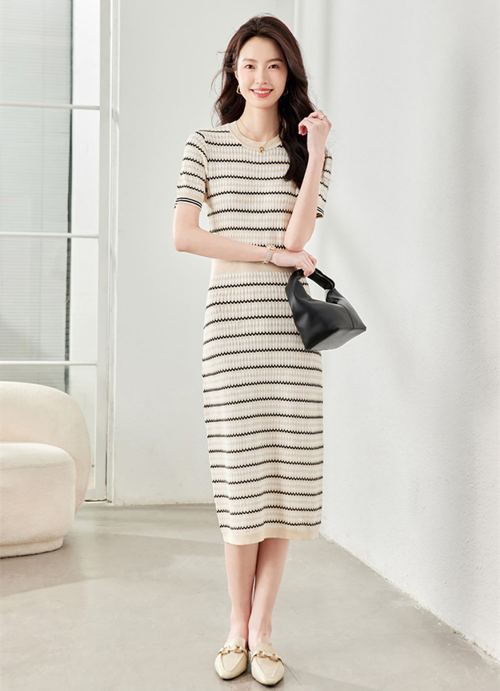 Women Round Neck Bodycon Midi Dress