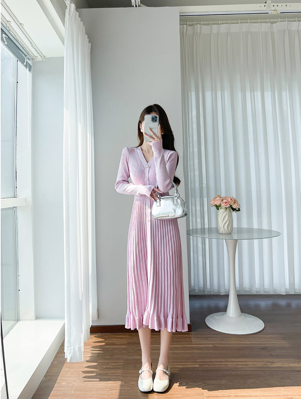 Women Striped Accordion Pleated Fit & Flare Midi Dress