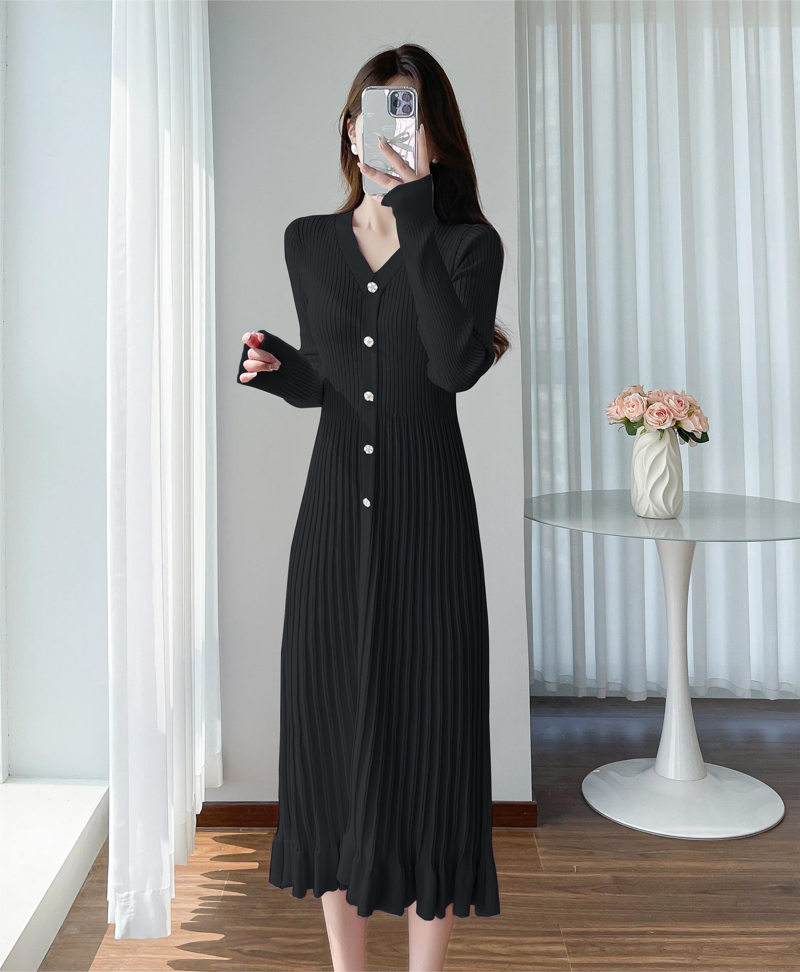 Women V-Neck Fit & Flare Midi Dress