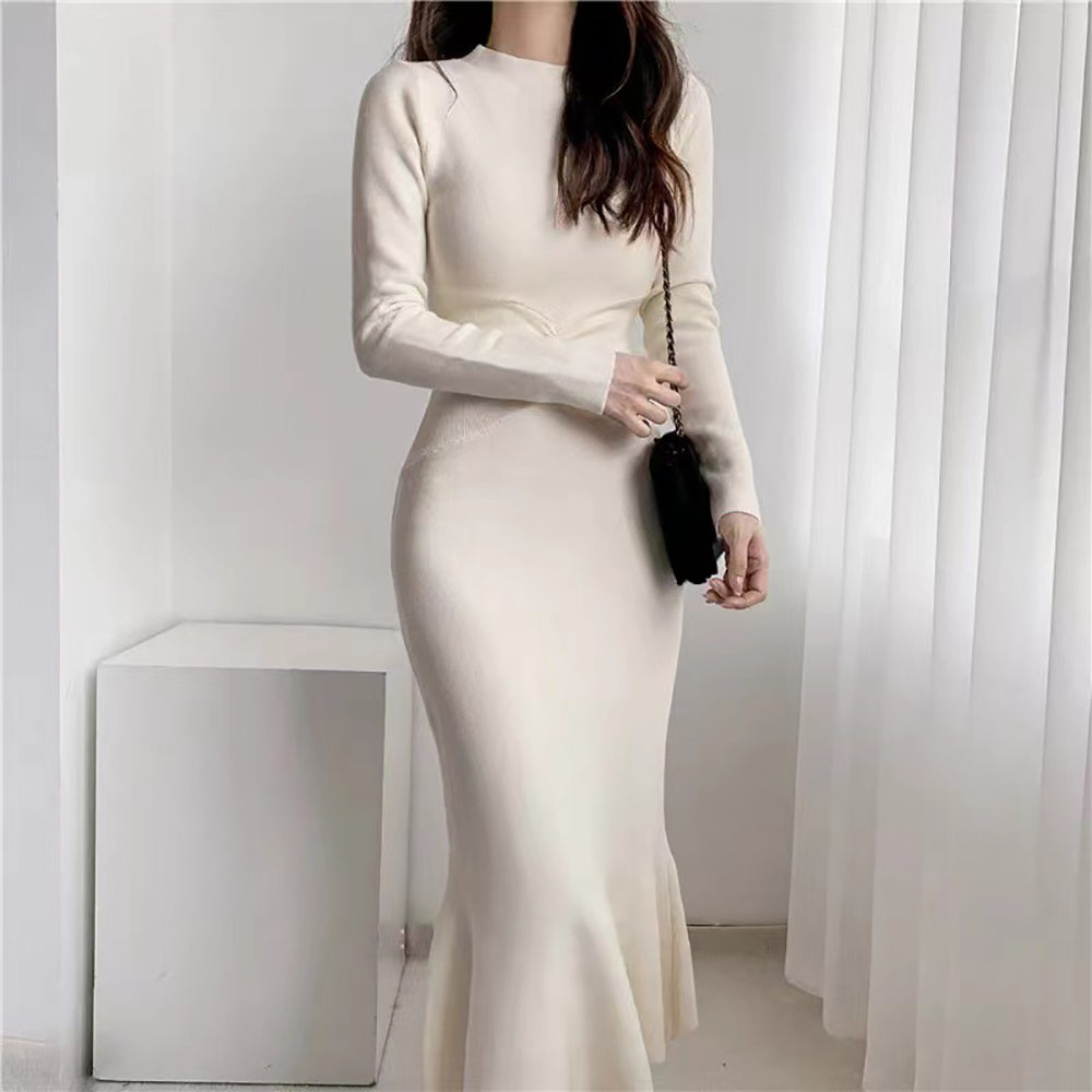 Off White Solid Crepe Bodycon Midi Dress