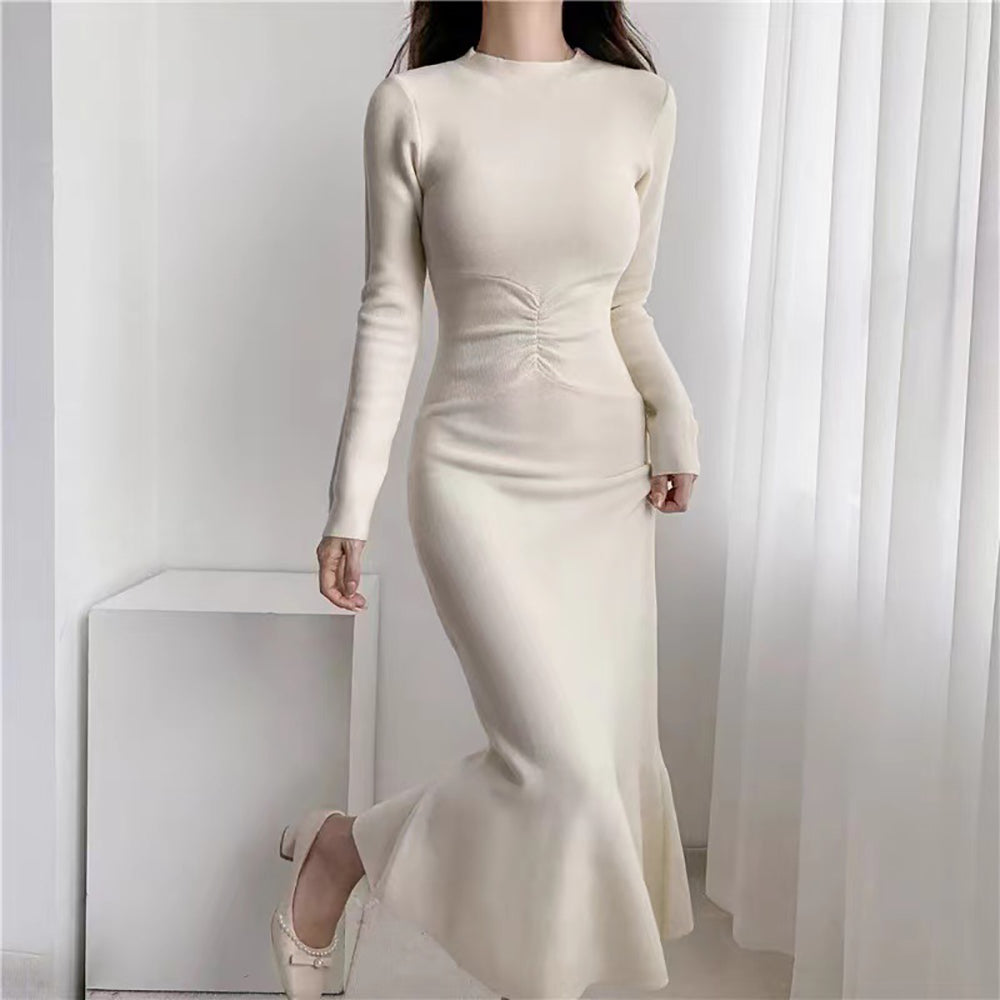 Off White Solid Crepe Bodycon Midi Dress