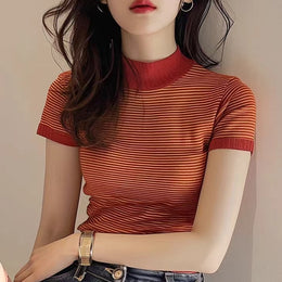 Women High Neck Striped Top