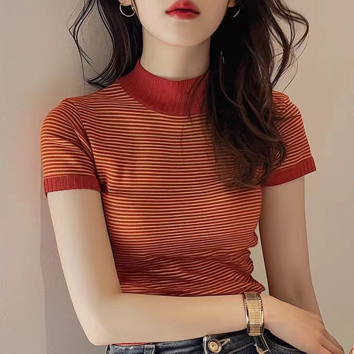 Women High Neck Striped Top