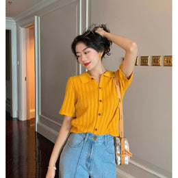 Women Yellow Solid Shirt Collar Top