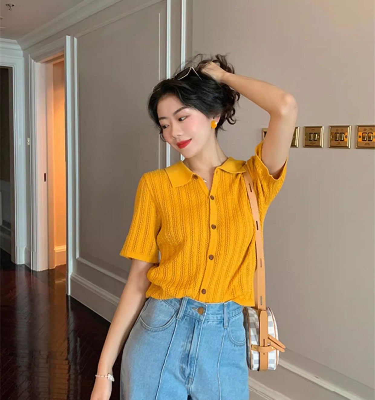 Women Yellow Solid Shirt Collar Top