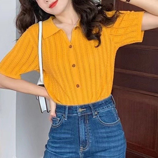 Women Yellow Solid Shirt Collar Top