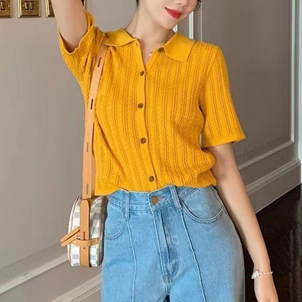 Women Yellow Solid Shirt Collar Top