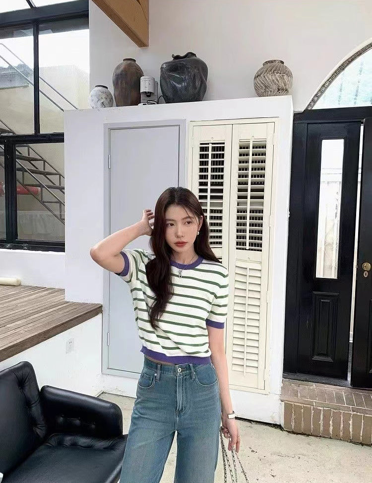Women Horizontal Stripes Round Neck Regular Top