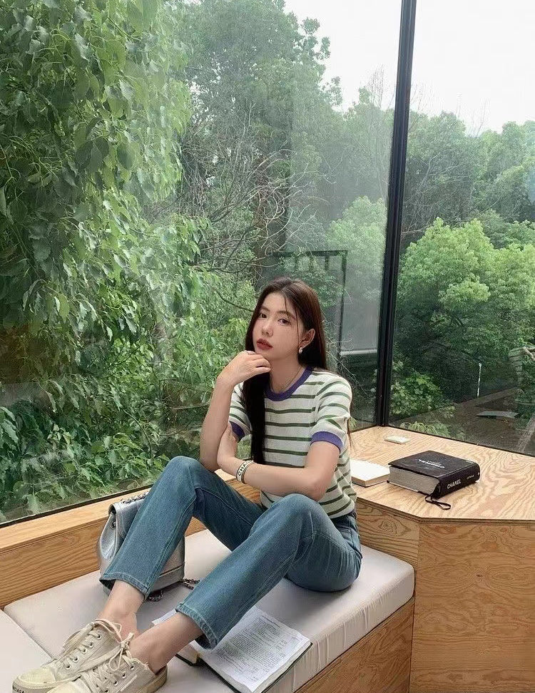 Women Horizontal Stripes Round Neck Regular Top