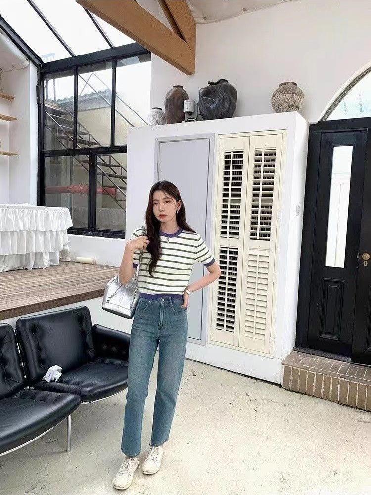Women Horizontal Stripes Round Neck Regular Top