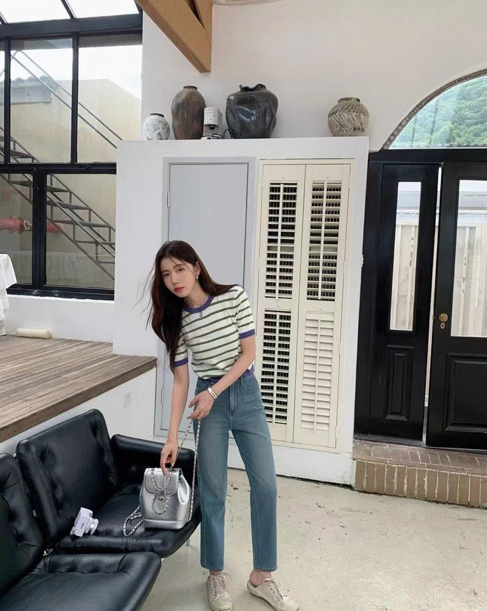 Women Horizontal Stripes Round Neck Regular Top