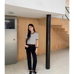 Women Striped Round Neck Crop Top