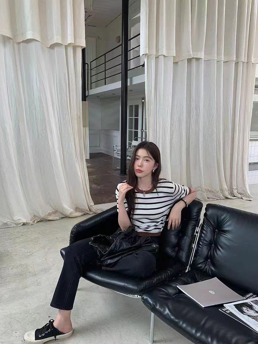 Women Striped Round Neck Crop Top