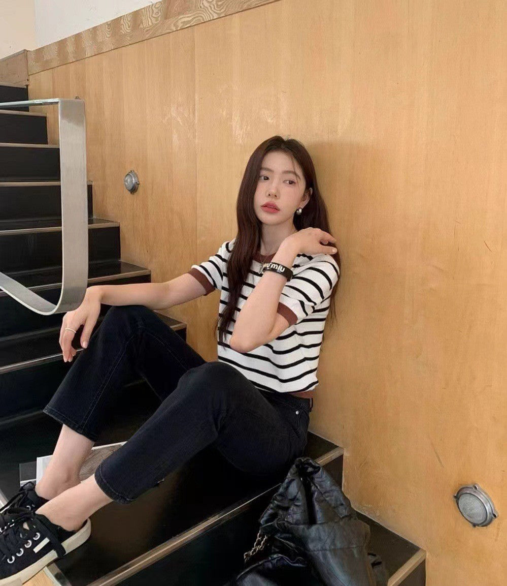 Women Striped Round Neck Crop Top