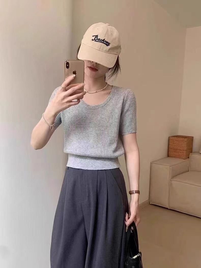 Women Ribbed Scoop Neck Regular Top