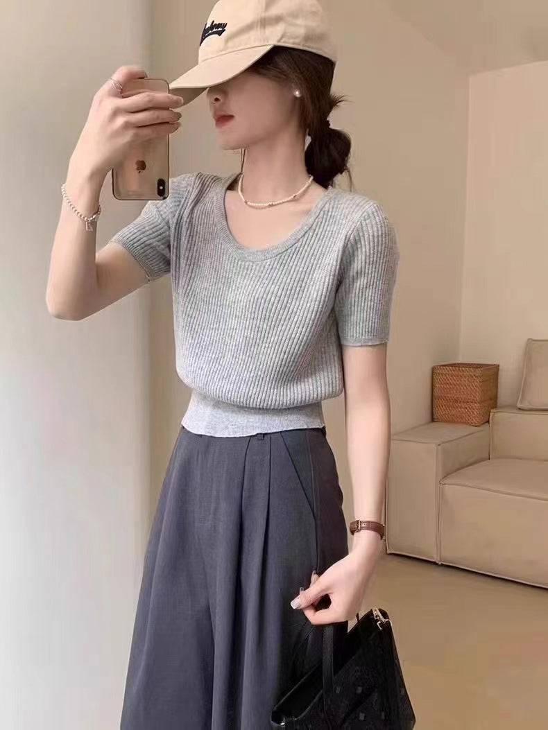 Women Ribbed Scoop Neck Regular Top