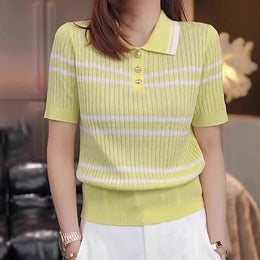 Women Striped Shirt Collar Top