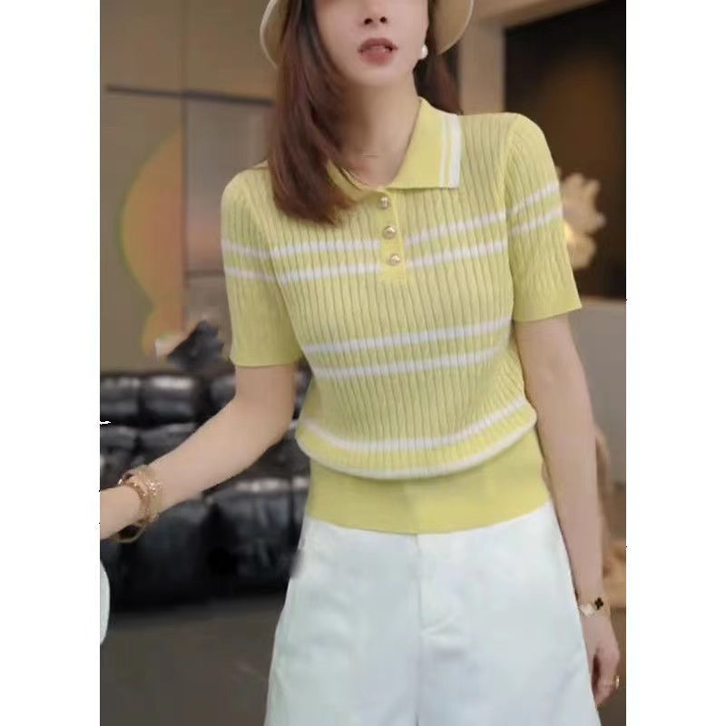 Women Striped Shirt Collar Top