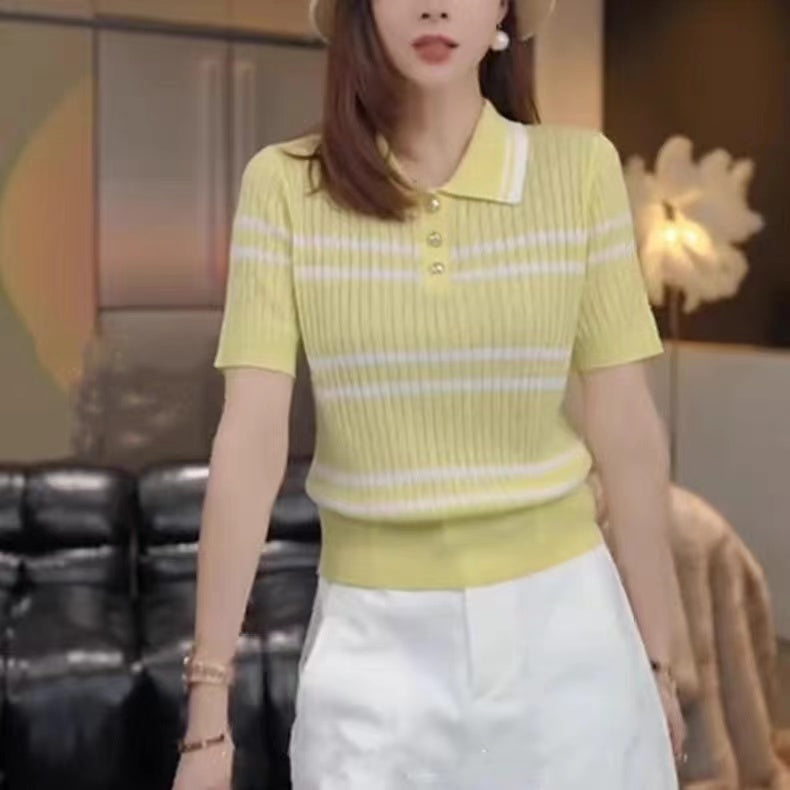 Women Striped Shirt Collar Top