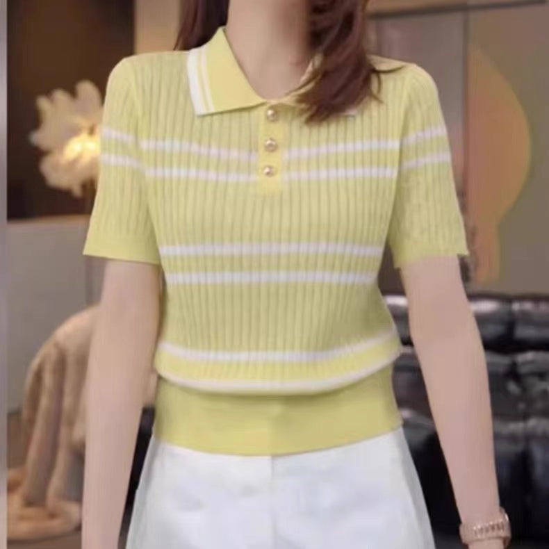 Women Striped Shirt Collar Top