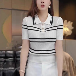 Women Striped Print Shirt Collar Top