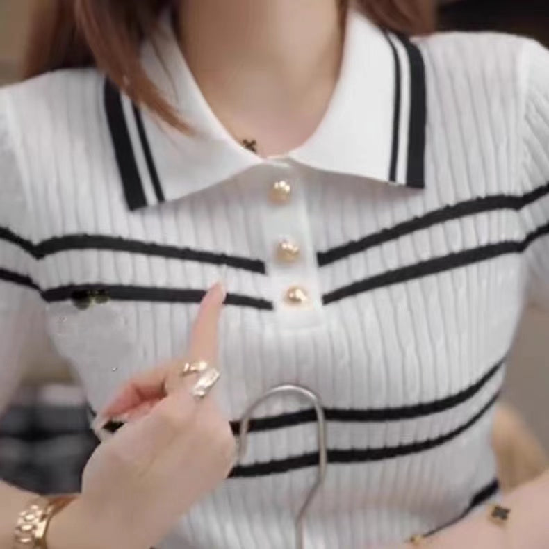 Women Striped Print Shirt Collar Top