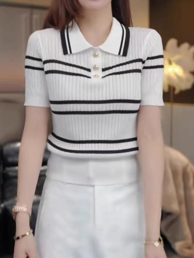 Women Striped Print Shirt Collar Top