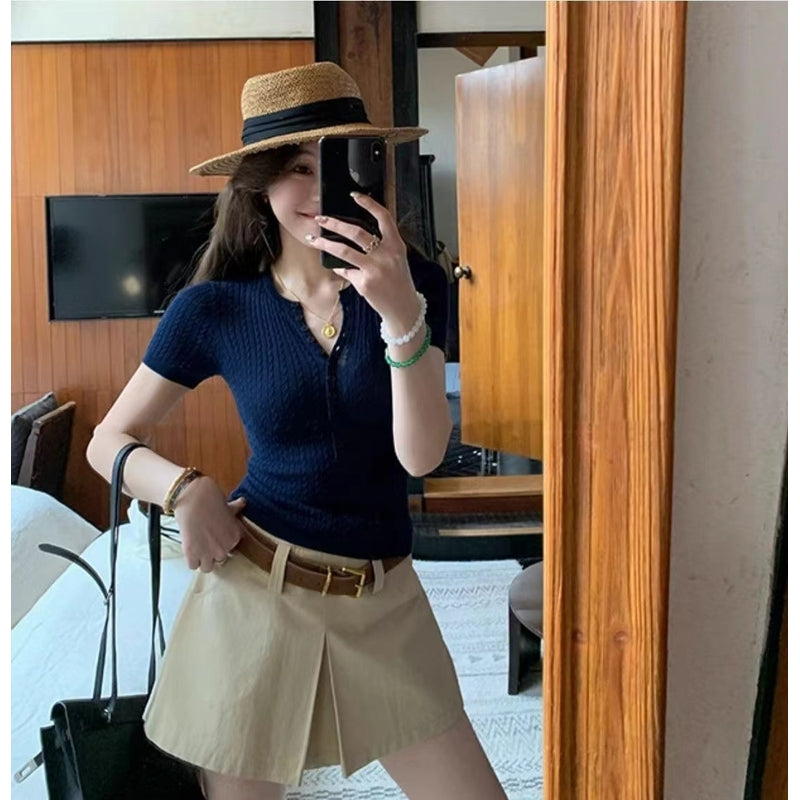 Women Navy Ribbed V-Neck Top