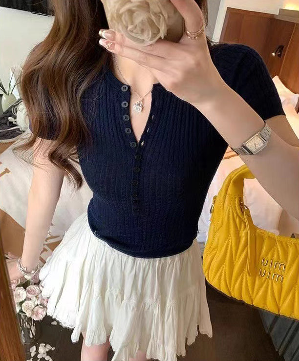 Women Navy Ribbed V-Neck Top