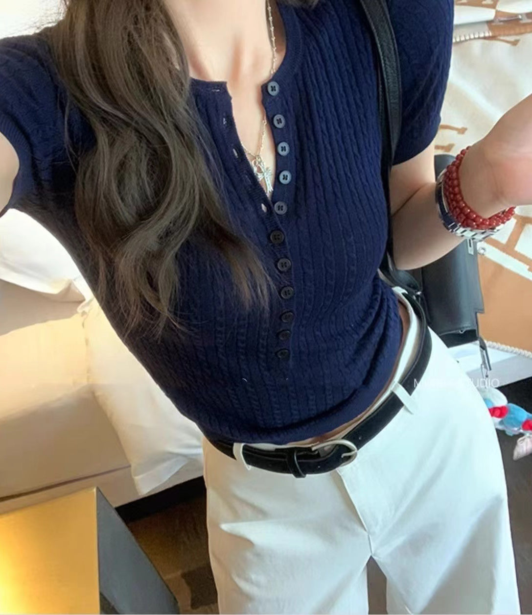 Women Navy Ribbed V-Neck Top