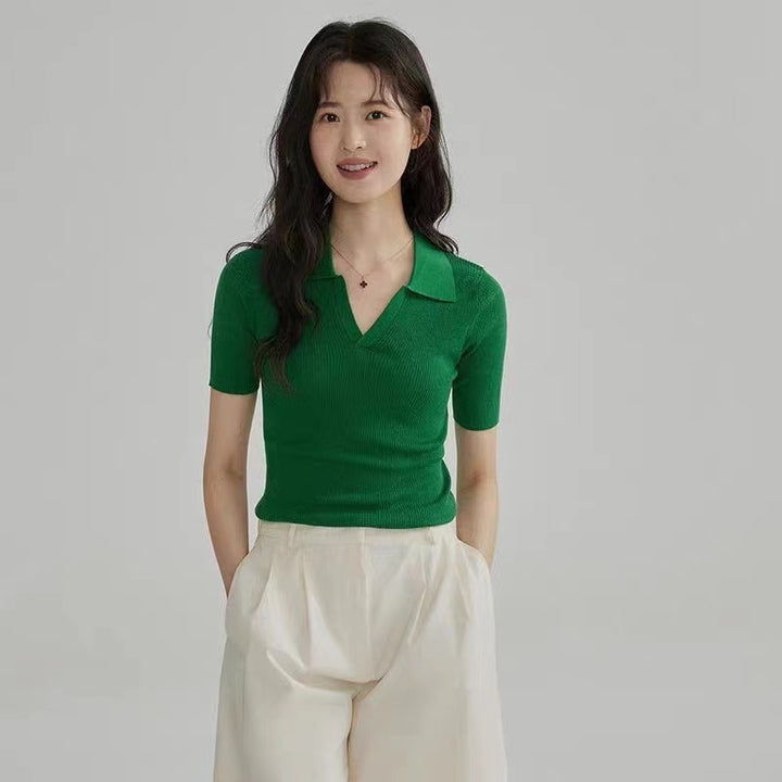 Women Green Ribbed Shirt Collar Top