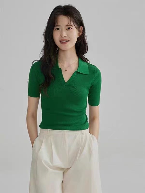 Women Green Ribbed Shirt Collar Top