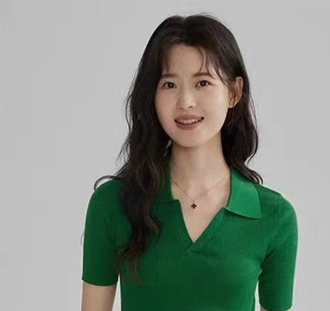 Women Green Ribbed Shirt Collar Top