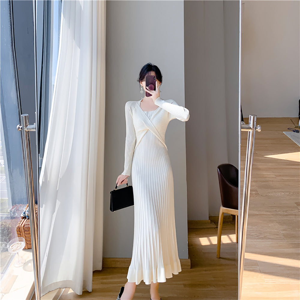 Women Round Neck Long Sleeves Fit and Flare Maxi Dress