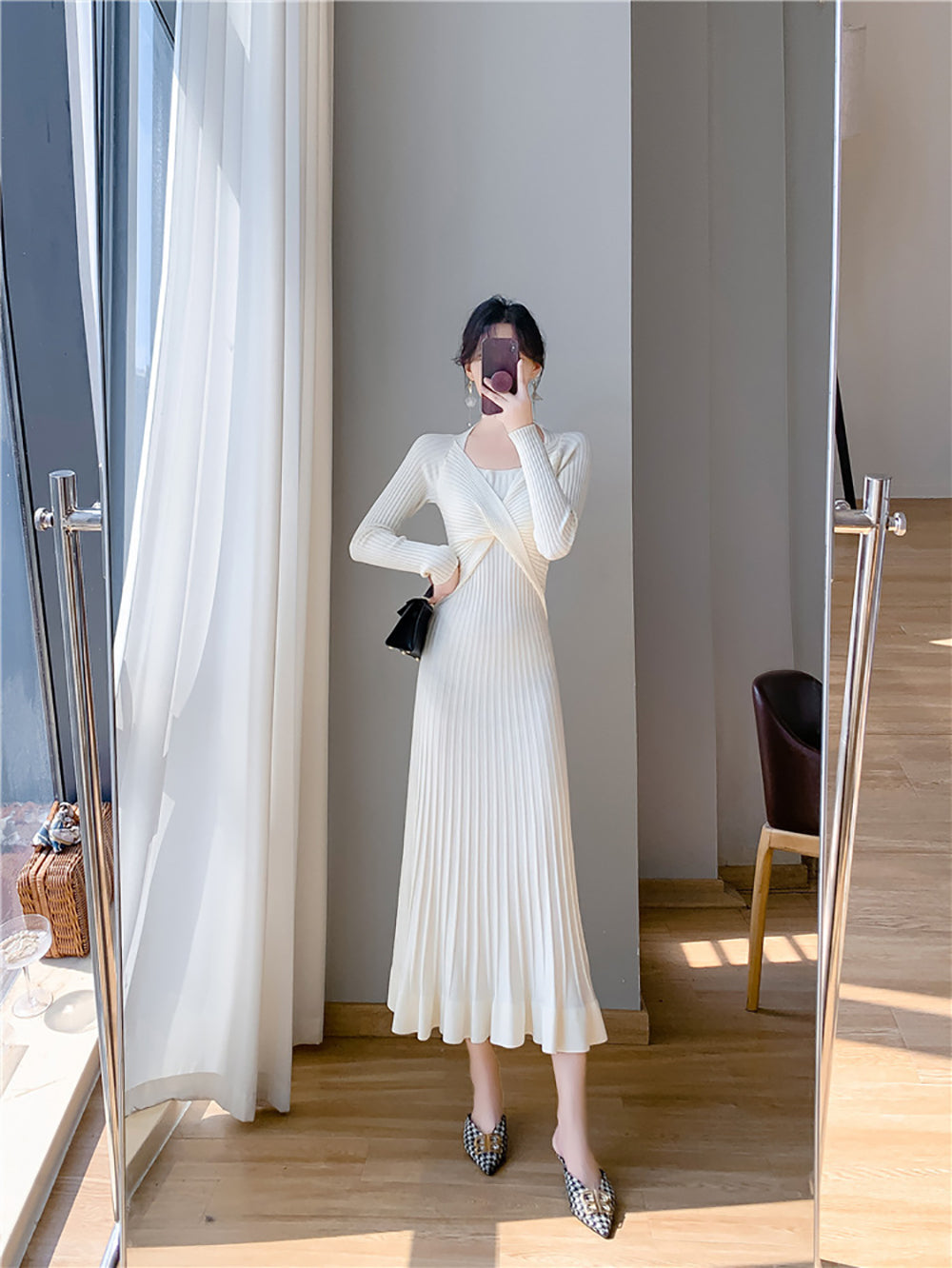Women Round Neck Long Sleeves Fit and Flare Maxi Dress