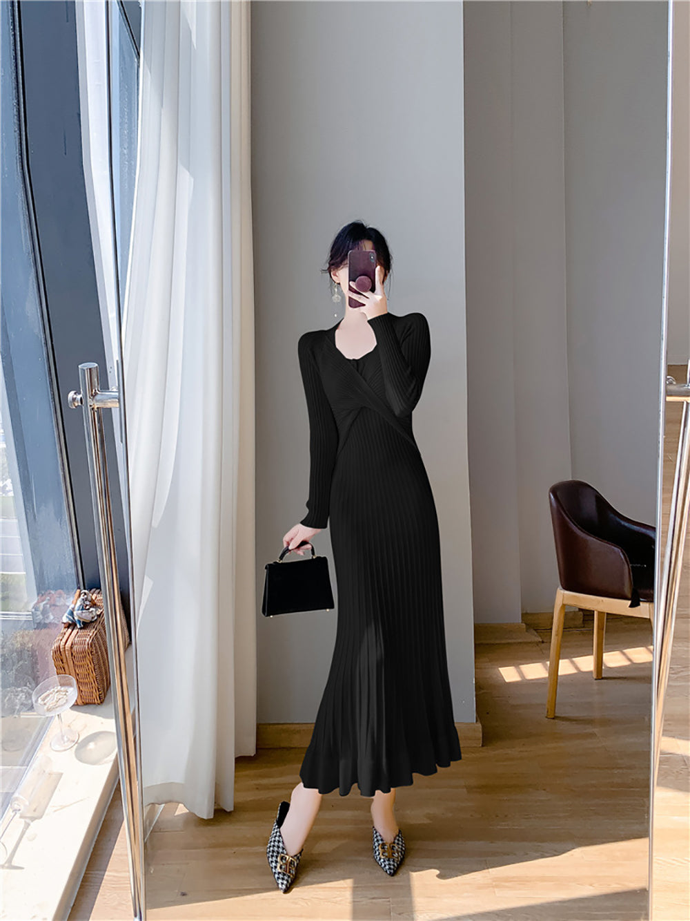Women Long Sleeves A-Line Midi Dress