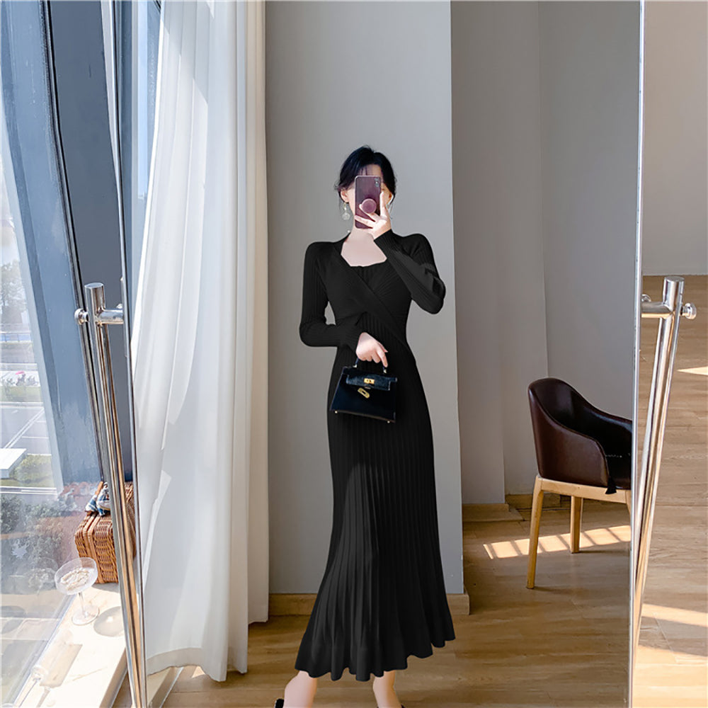 Women Long Sleeves A-Line Midi Dress