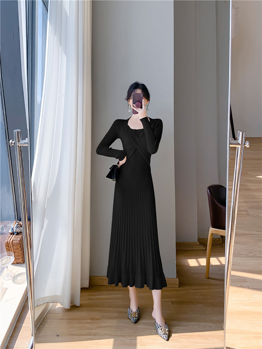 Women Long Sleeves A-Line Midi Dress