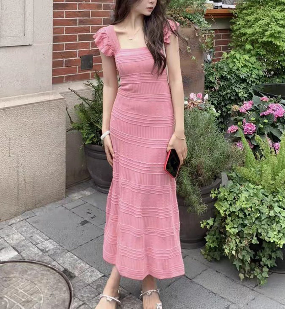 Self Design Flutter Sleeve Maxi Sheath Dress