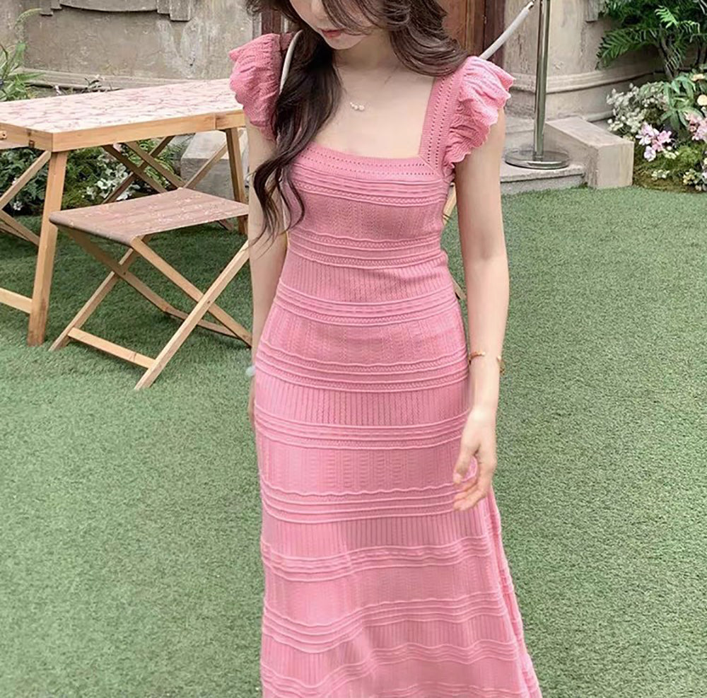Self Design Flutter Sleeve Maxi Sheath Dress
