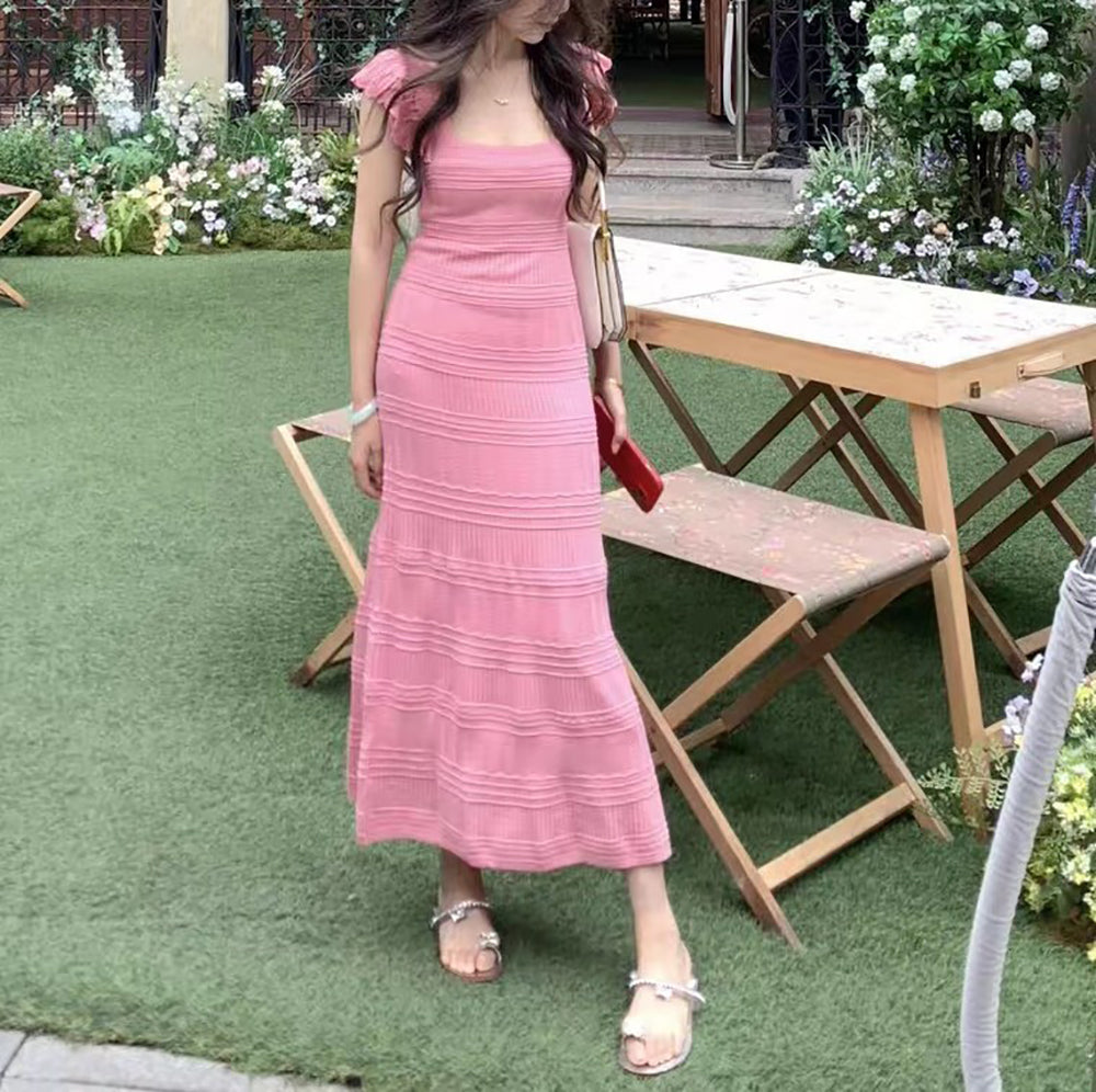 Self Design Flutter Sleeve Maxi Sheath Dress