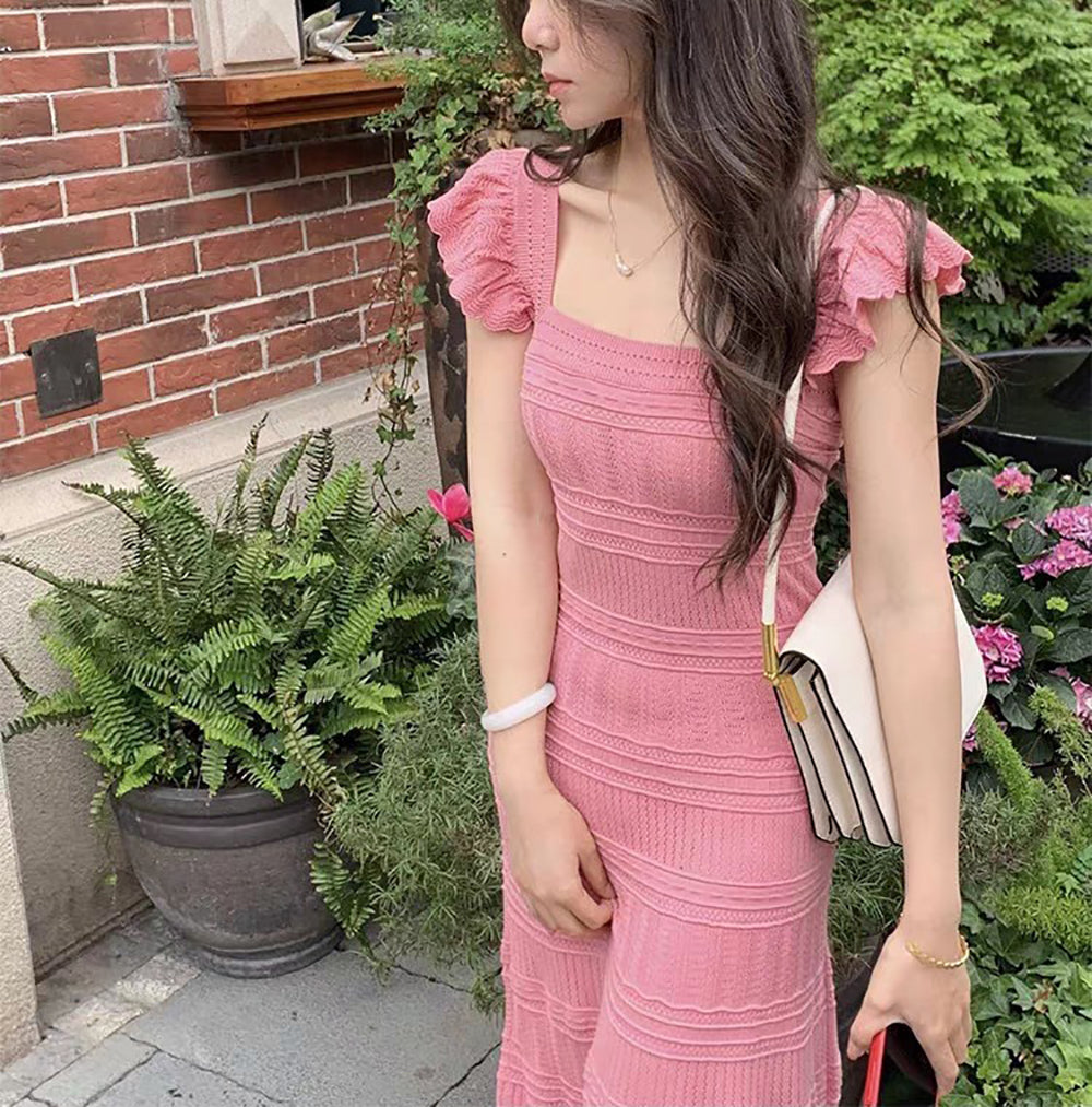 Self Design Flutter Sleeve Maxi Sheath Dress