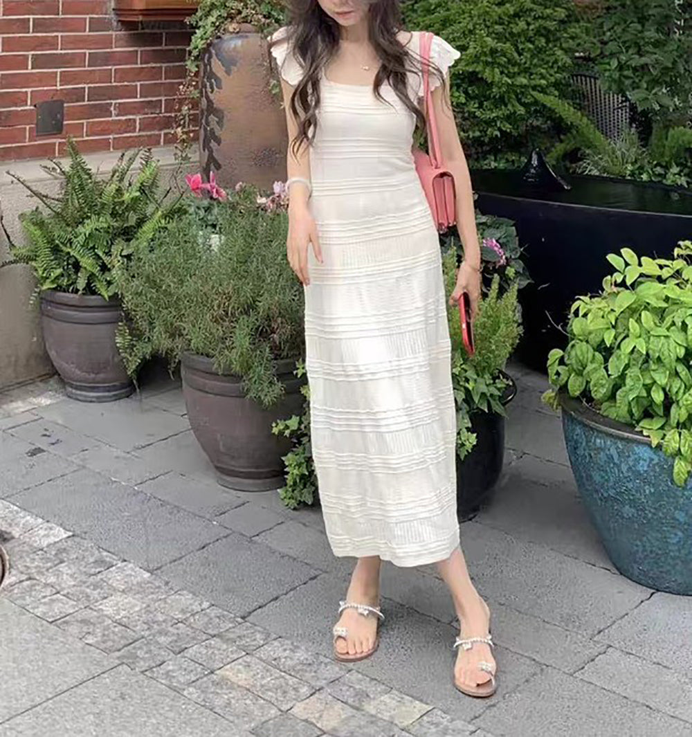 Square Neck Short Sleeves Bodycon Maxi Dress