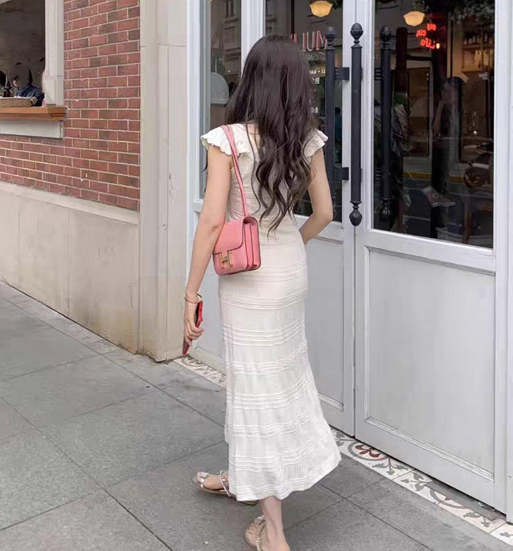 Square Neck Short Sleeves Bodycon Maxi Dress